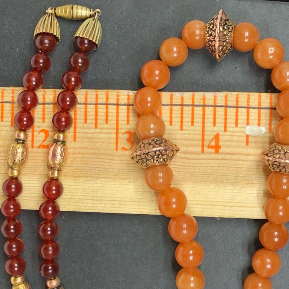 🔴SOLD🔴Graduating Antique Gold Garnet Orange Aventurine Boho Necklace by JM - Picture 5 of 11